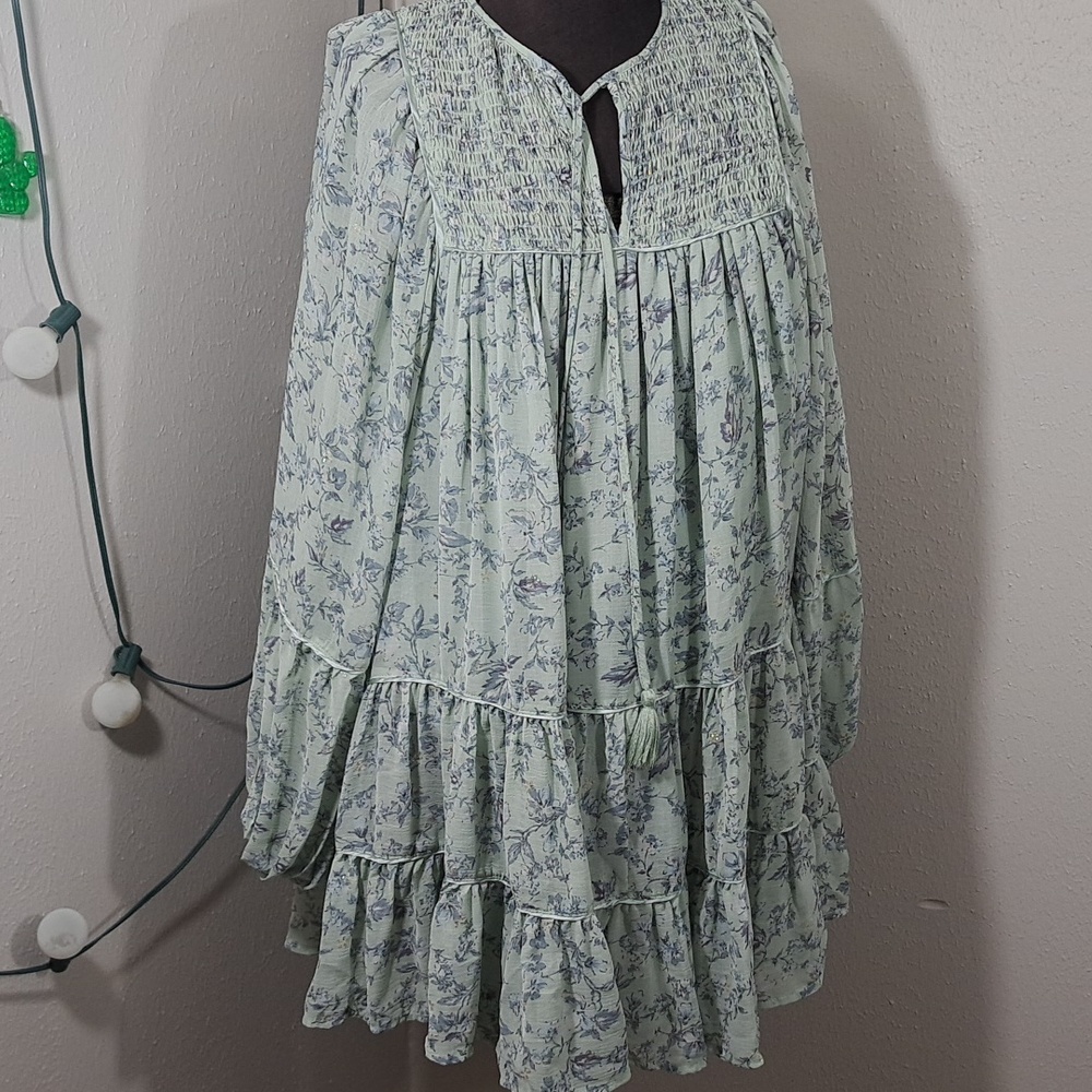 Olivaceous S Green Blue Flower Dress Country Boho Whimsical Western - Picture 4 of 11